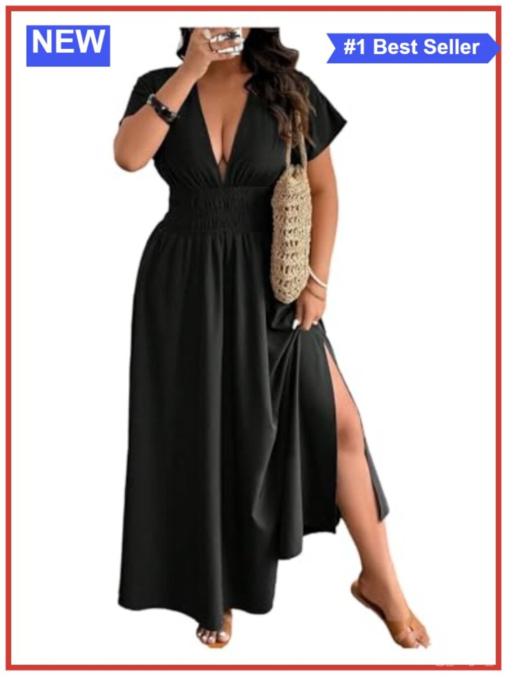 Plus Size Deep V Neck Split Hem Dolman Sleeve Maxi Dress